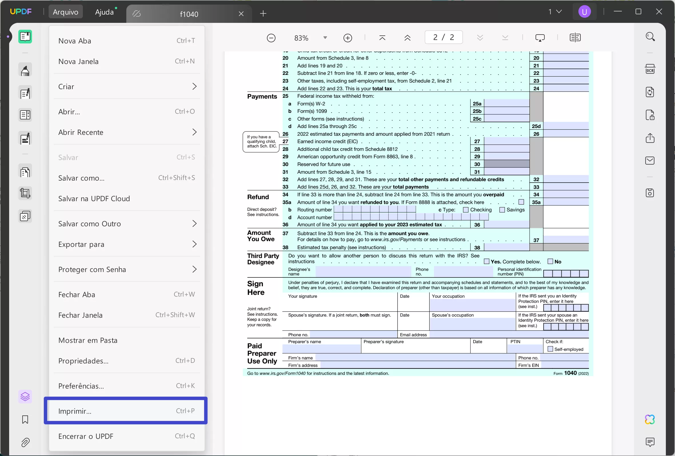 Converter formulário PDF preenchível em formulário PDF normal por meio da opção Imprimir