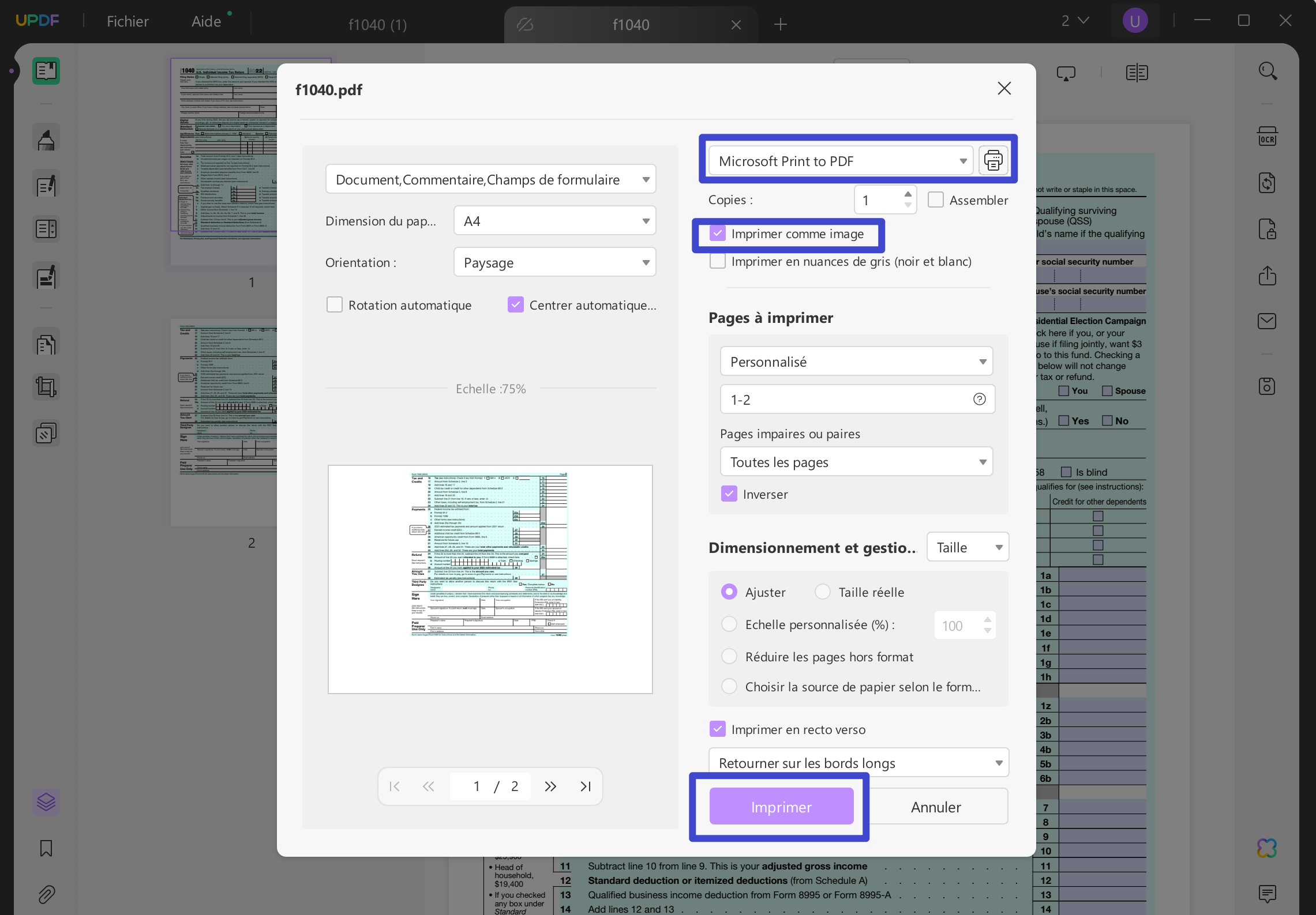 Imprimez en tant qu'image pour convertir un formulaire PDF remplissable en PDF standard avec UPDF