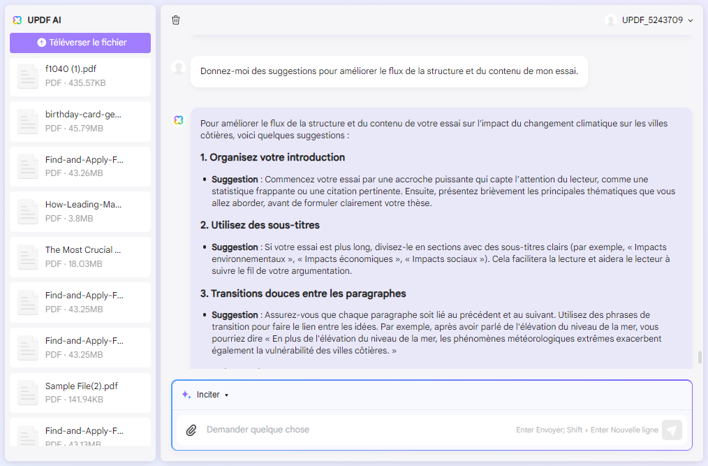 suggestion pour améliorer le flux de l'essai avec l'assistant IA en ligne d'UPDF