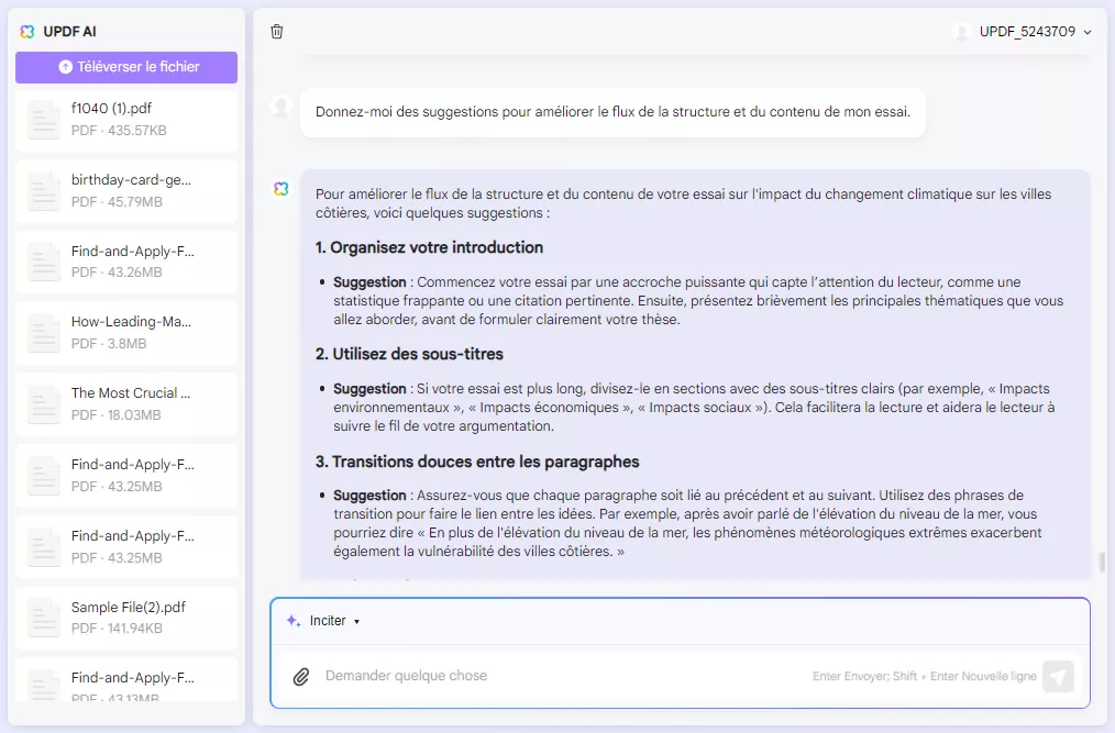 suggestion pour améliorer le flux de l'essai avec l'assistant IA en ligne d'UPDF