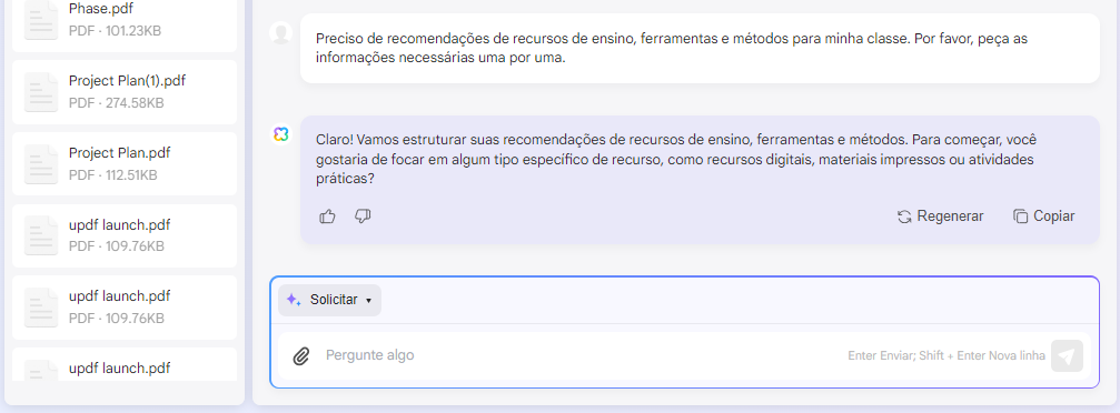 como usar IA no ensino Peça recomendações de ensino à UPDF AI
