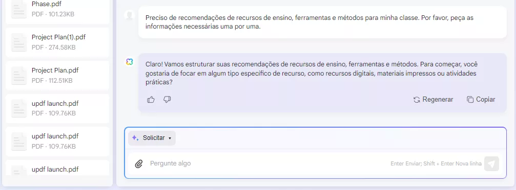 como usar IA no ensino Peça recomendações de ensino à UPDF AI