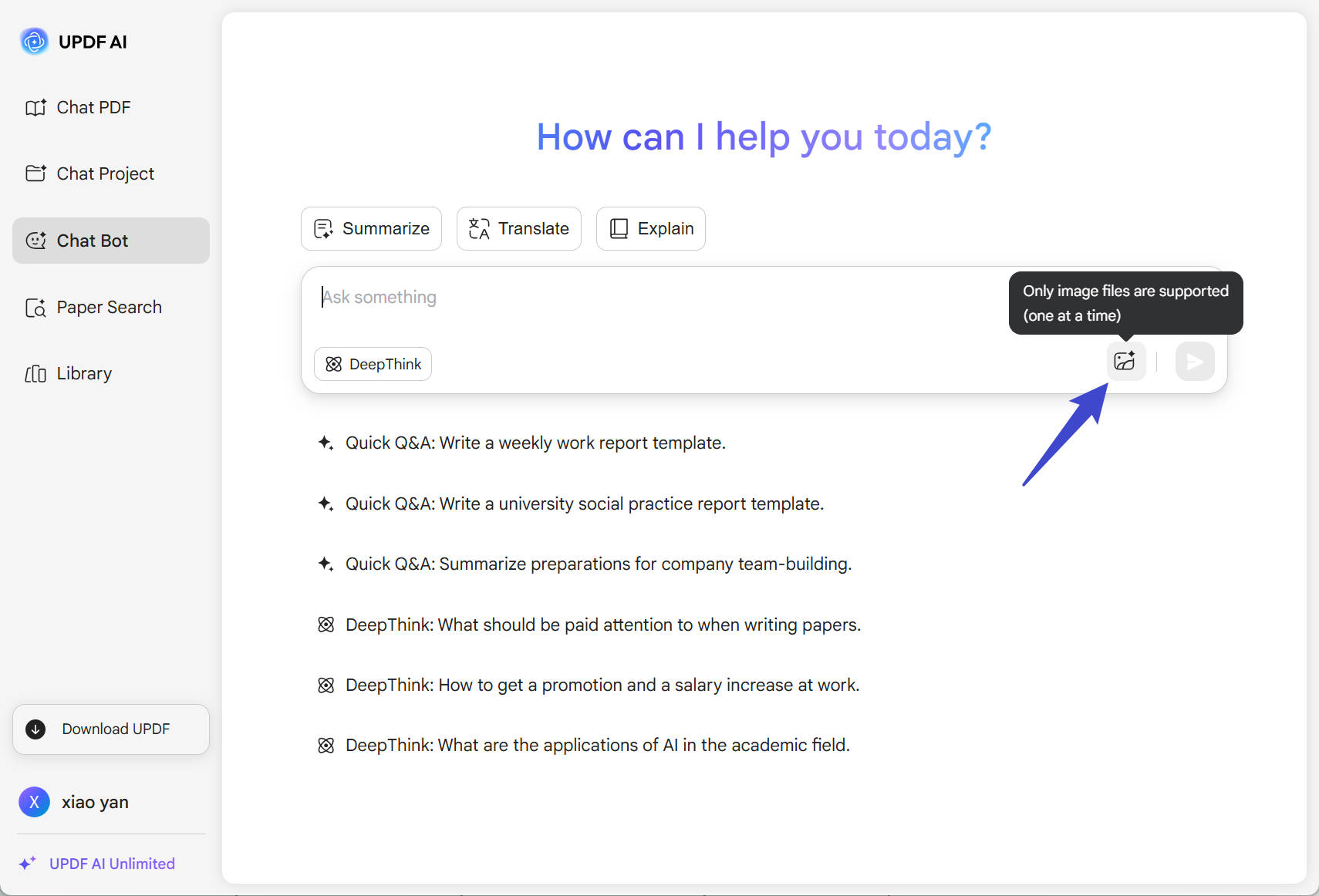 upload the image to updf online ai assistant