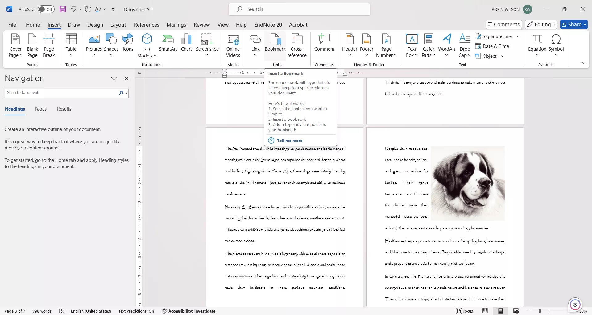 insert bookmark in word