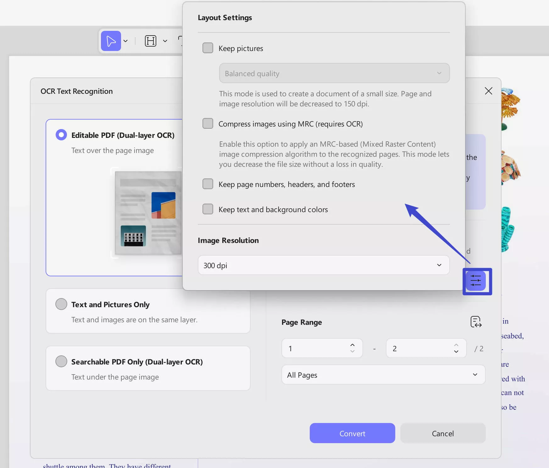 define layout settings for OCR