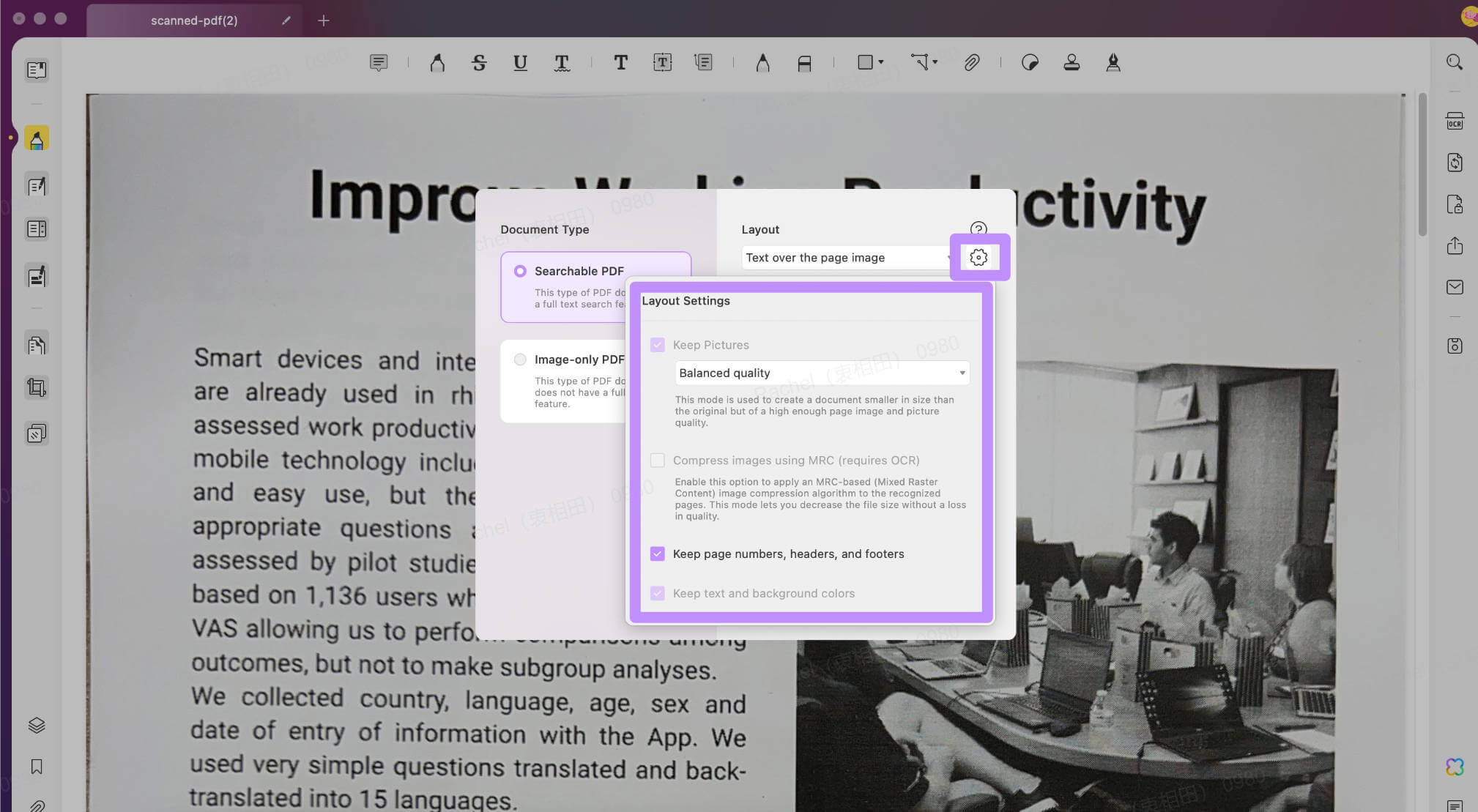More layout settings for OCR in UPDF for mac