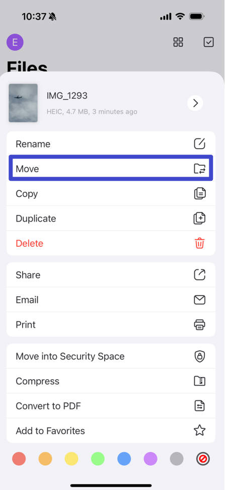click move or share from the list in updf for ios