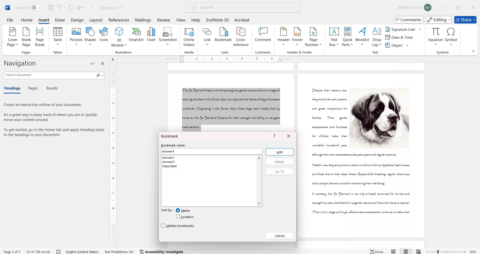 name the bookmark in word