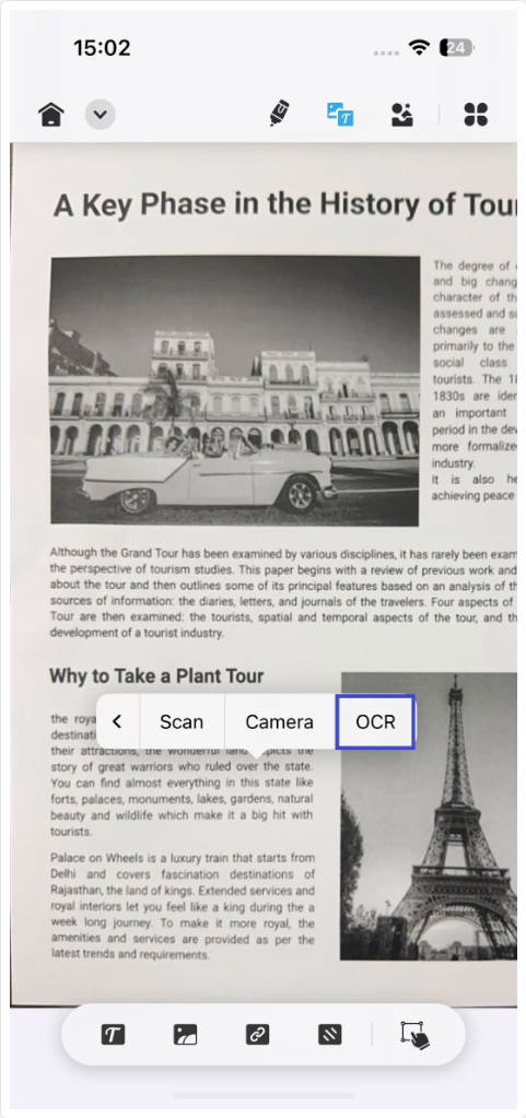 click the ocr button in updf for ios