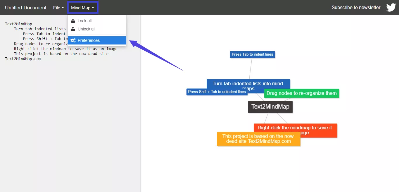 open mindmap preferences in text2mindmap