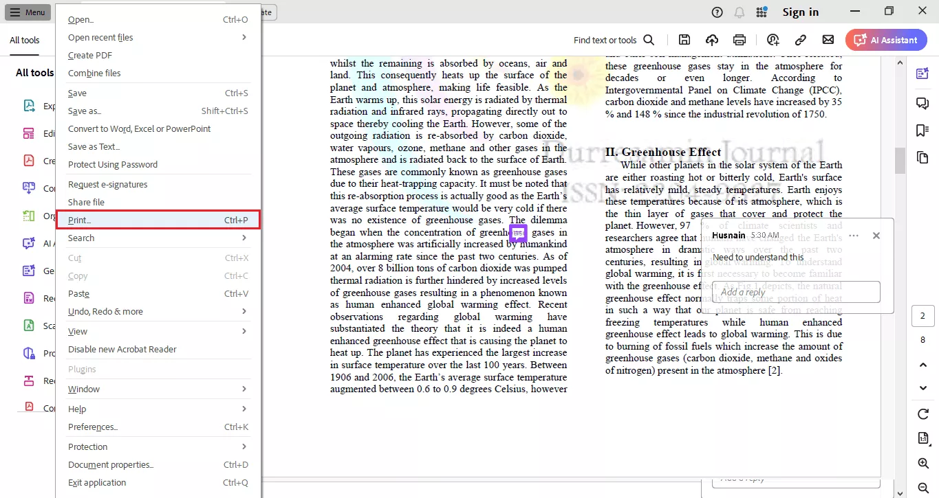 find and open the print option in adobe acrobat