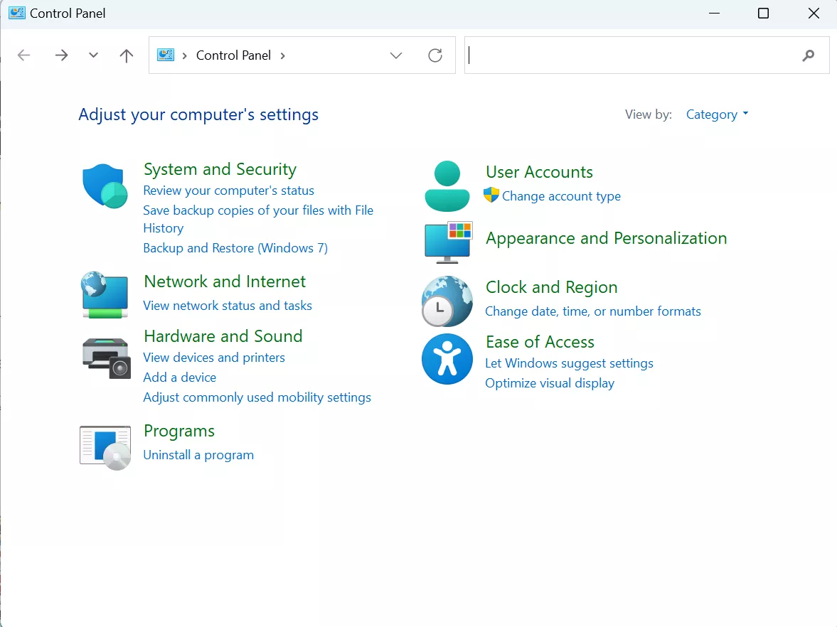 select programs from the control panel