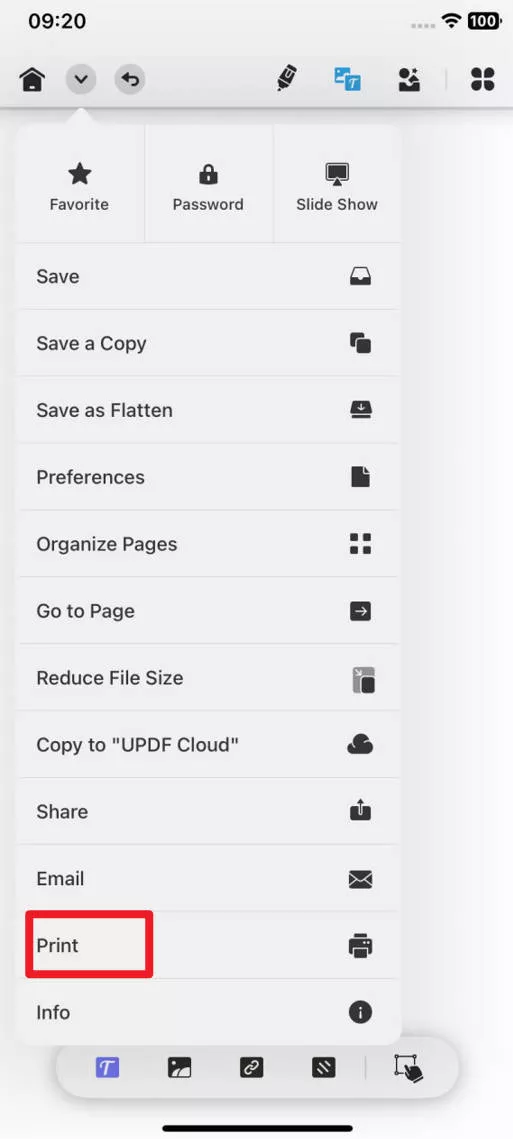 tap on the print icon in updf for ios