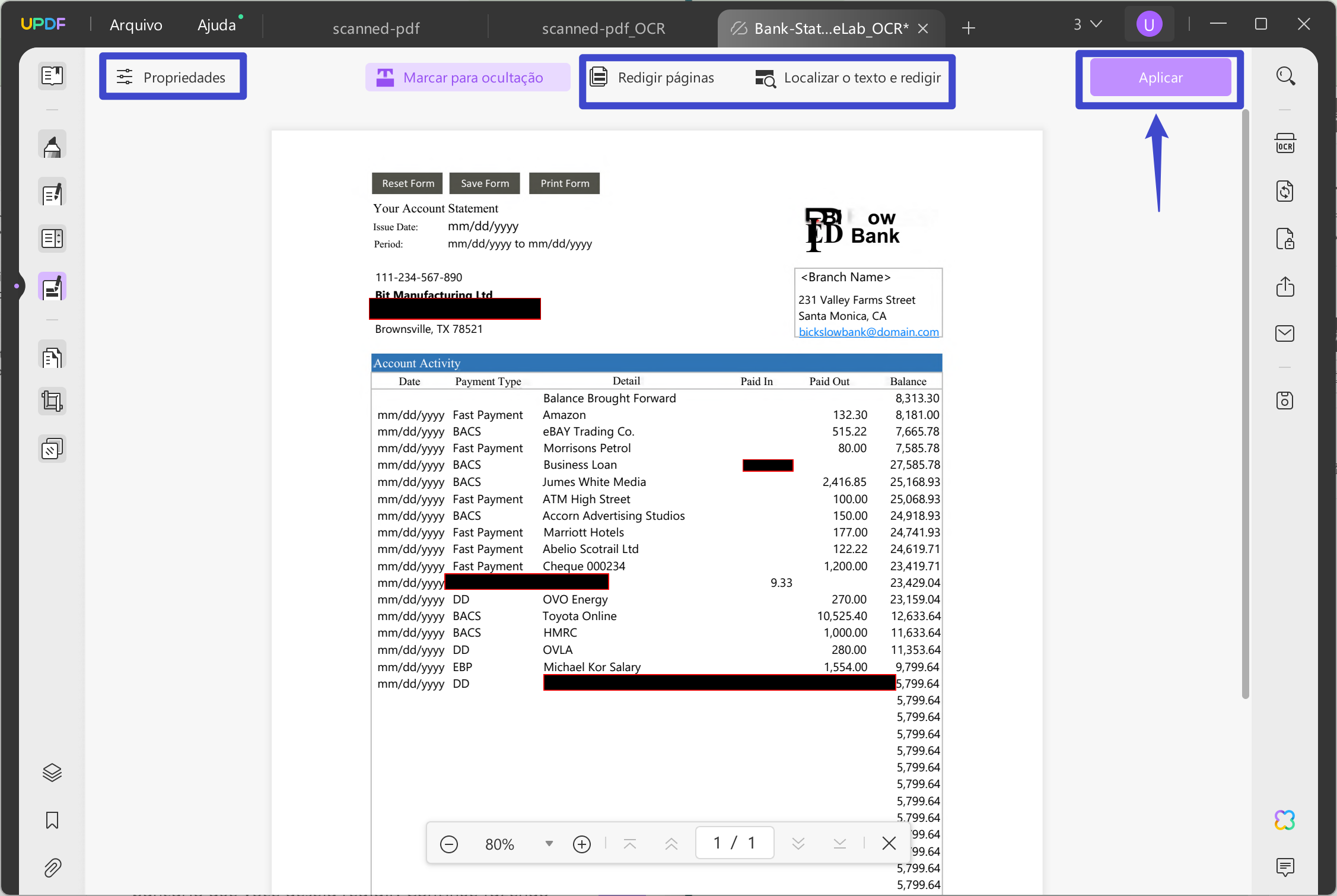 redigir retângulo de extrato bancário