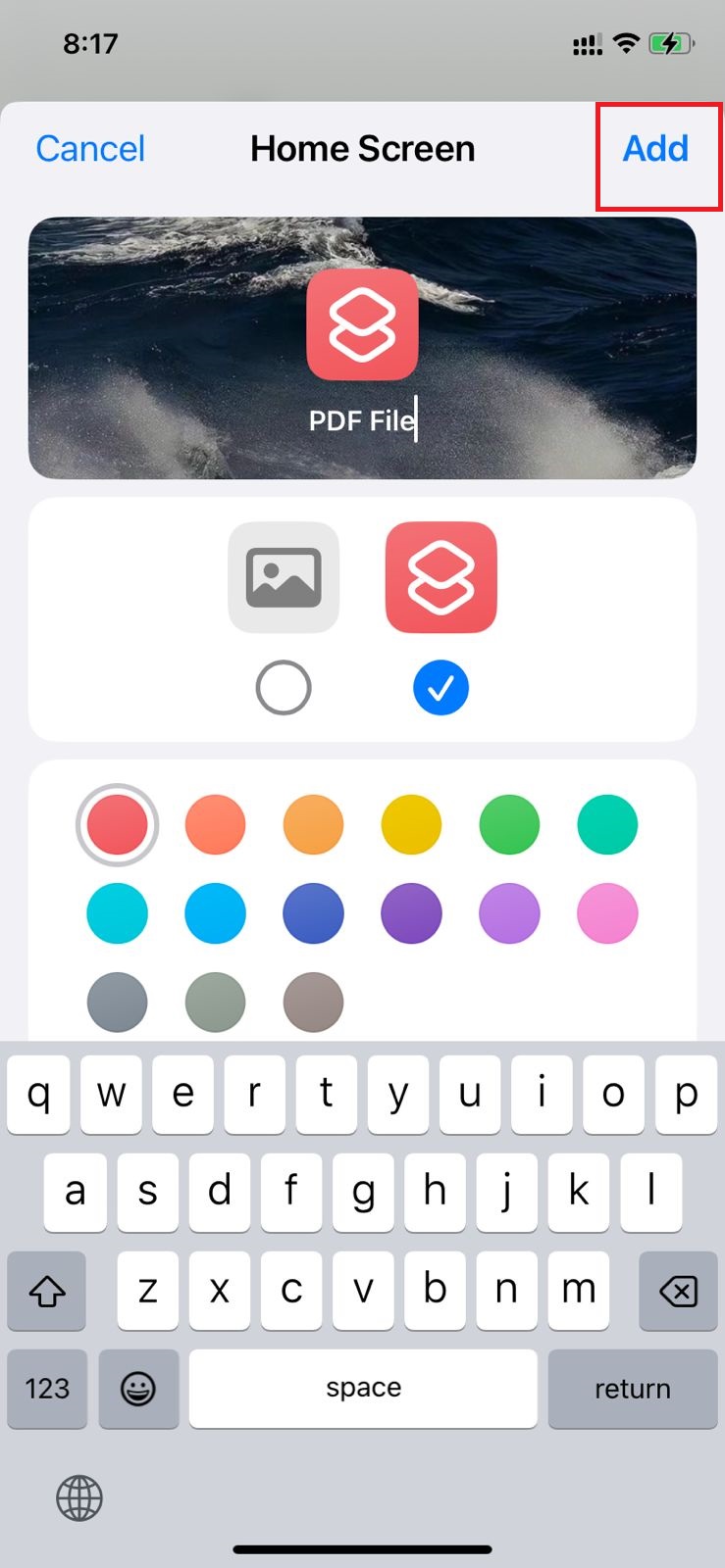 rename the shortcut app and click add in iphone