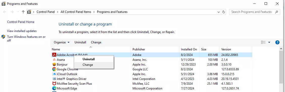 right click on adobe acrobat and select uninstall.