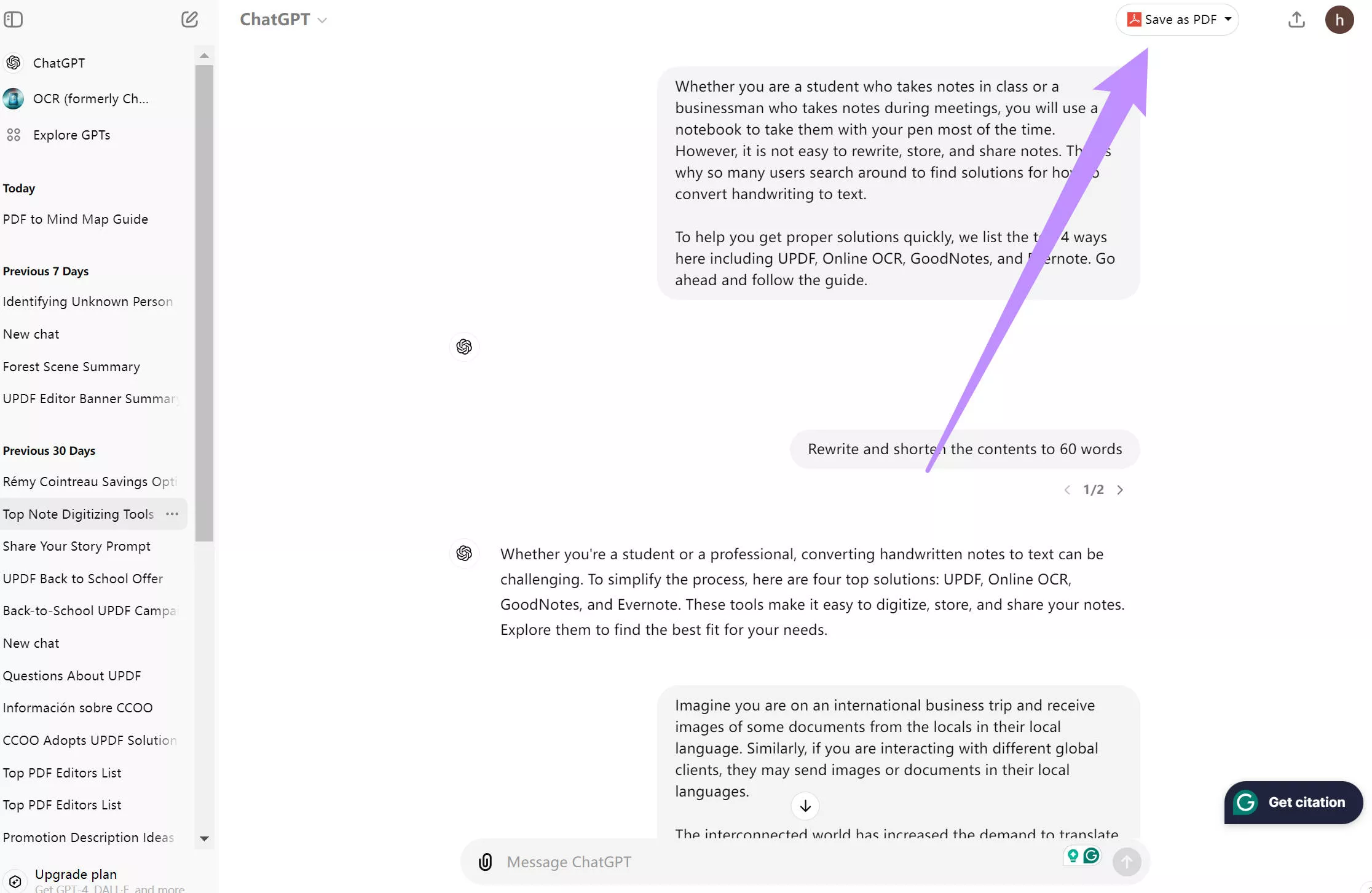 Als PDF speichern mit „Konversation als PDF speichern“