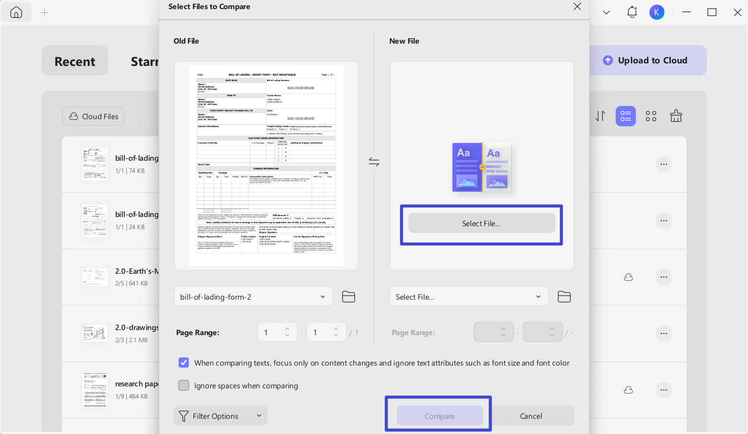 select file to compare the original and the new