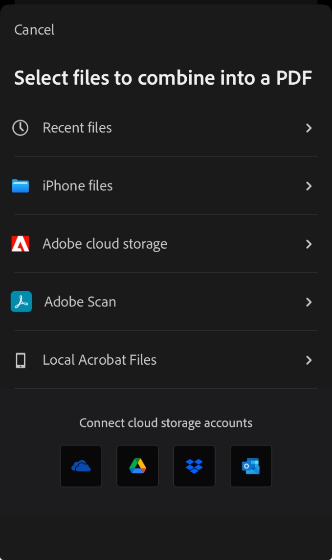 select files to combine in adobe acrobat for ios