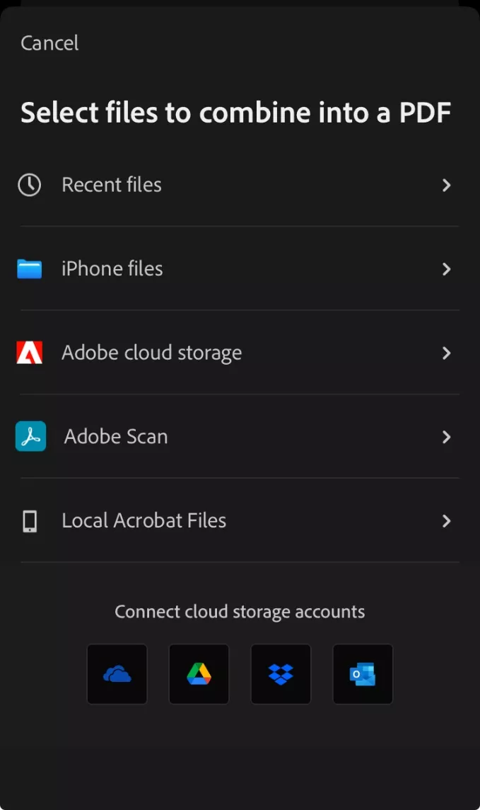 select files to combine in adobe acrobat for ios