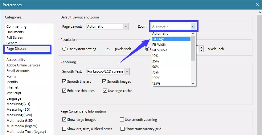 select fit page dislay zoom in acrobat