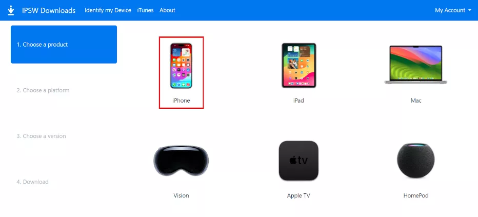 select iphone from the list of devices in ipsw website