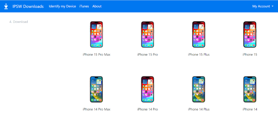 Selecione o modelo do iPhone no site do IPSW