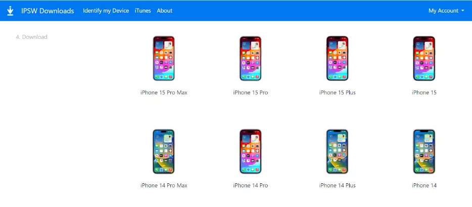 select iphone model in ipsw website