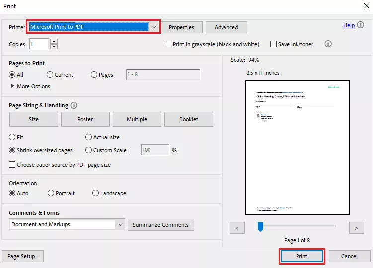 select microsoft print to pdf and click print in adobe acrobat