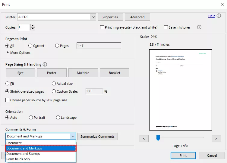 select the documents and markups option in adobe acrobat