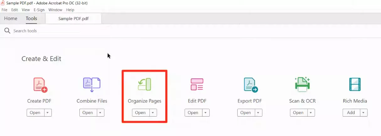 select the organize pages tool in acrobat