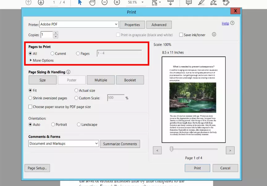 select the pages to print using acrobat