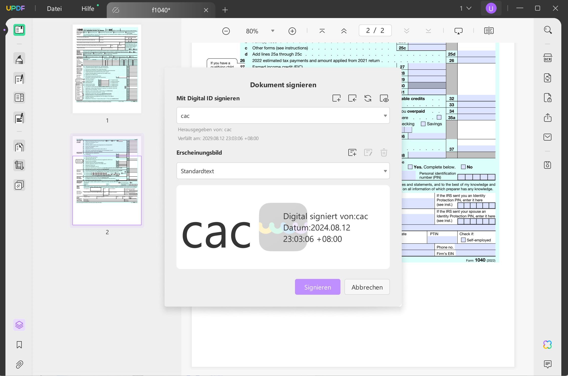 So signieren Sie PDFs mit CAC-Signaturen im vorgefertigten Signierbereich