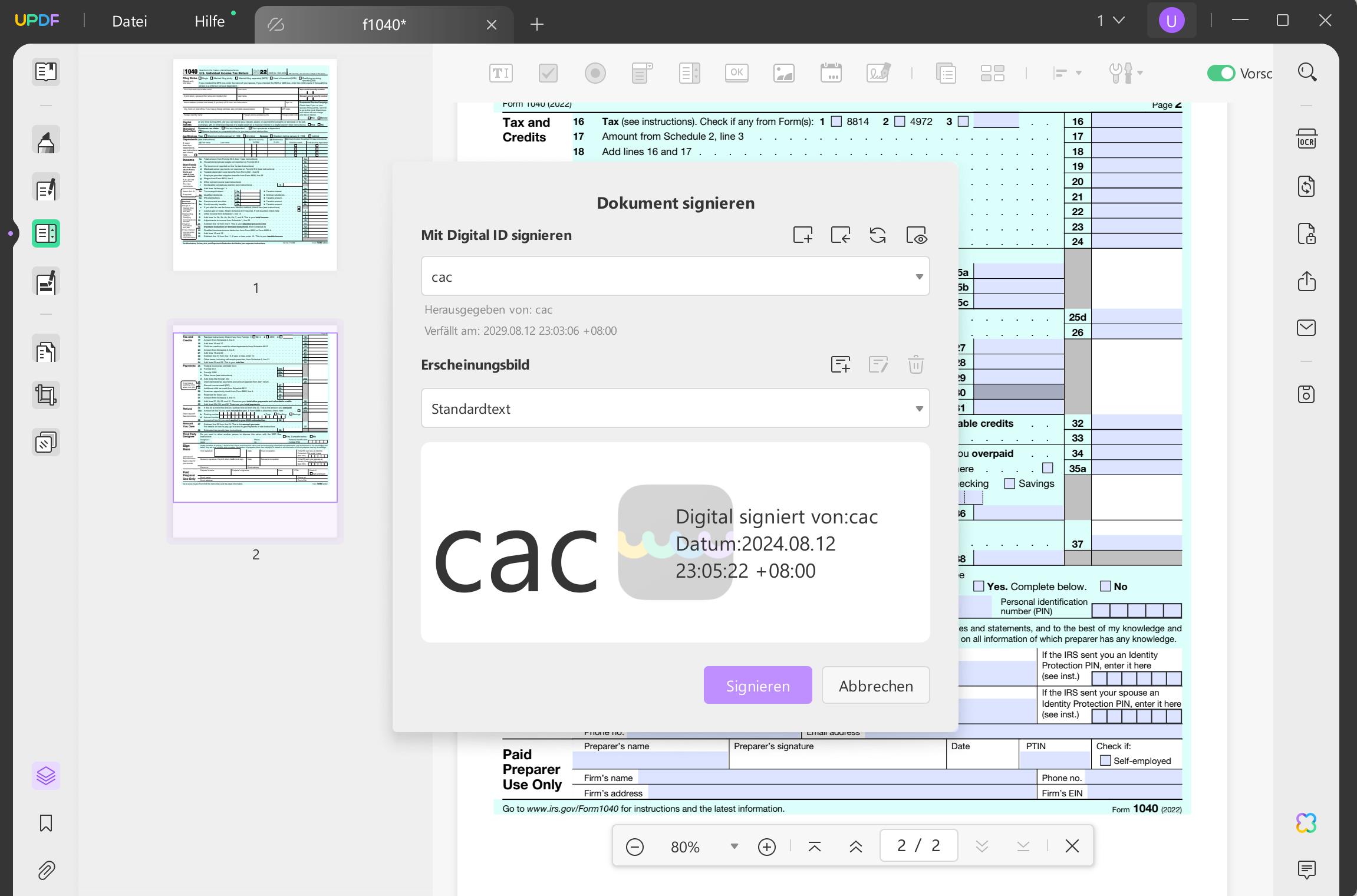 So signieren Sie PDF mit CAC-Zeichen ohne Zeichenbereich