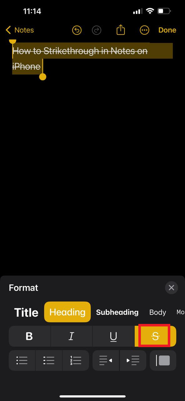 Tippen Sie auf s, um den Text in iphone-Notizen durchzustreichen