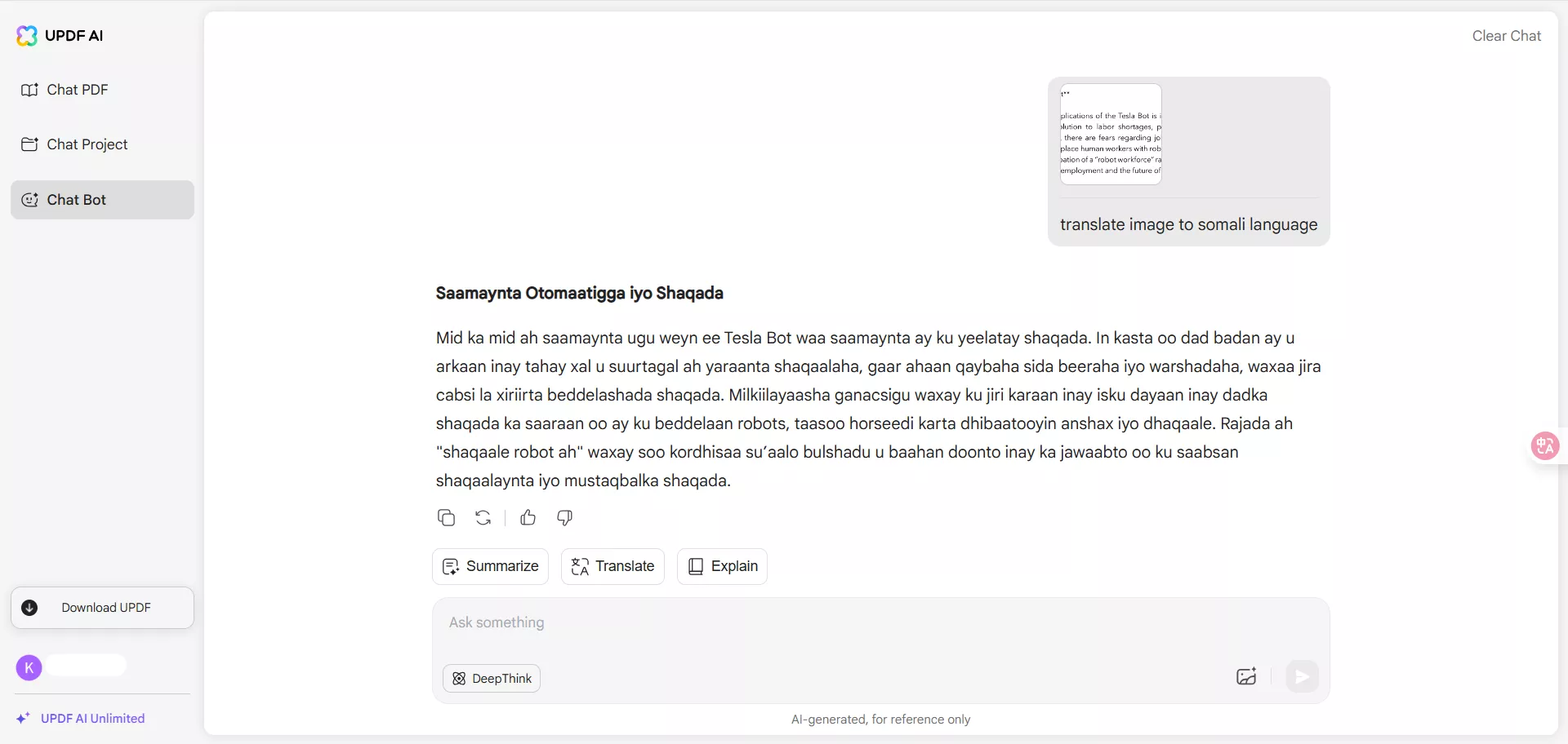 text translated into somali language with updf online ai assistant