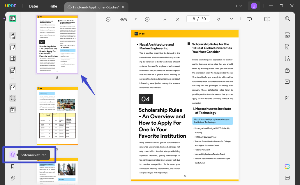 Mit der Miniaturansicht zur Seite im PDF springen