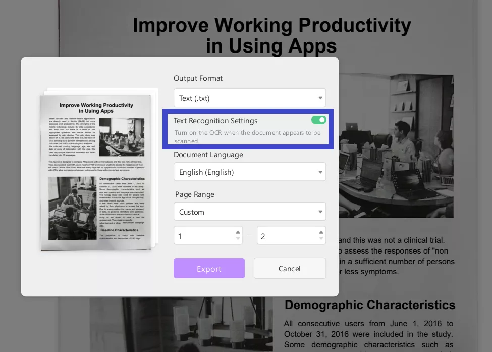 Toggle on "Text Recognition Settings",  and click "Export".