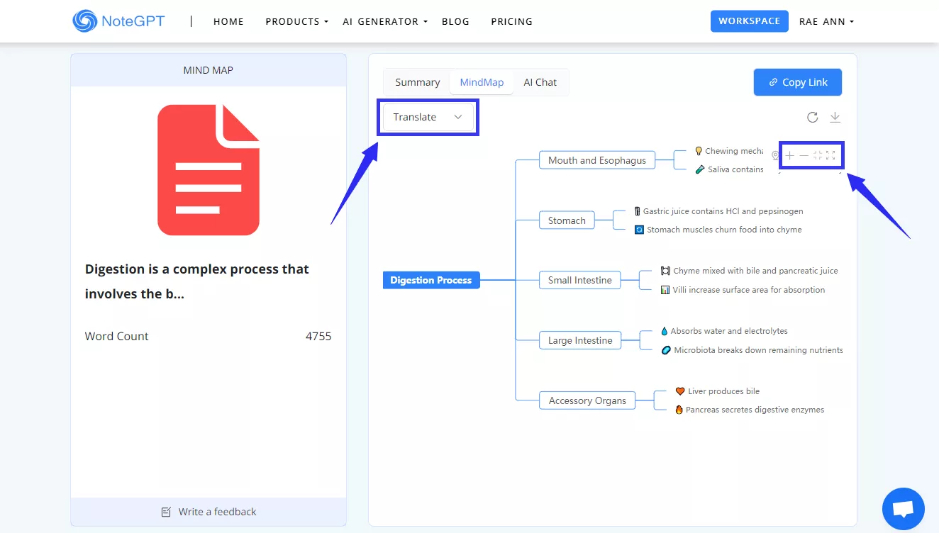 translate and view the mind map in notegpt