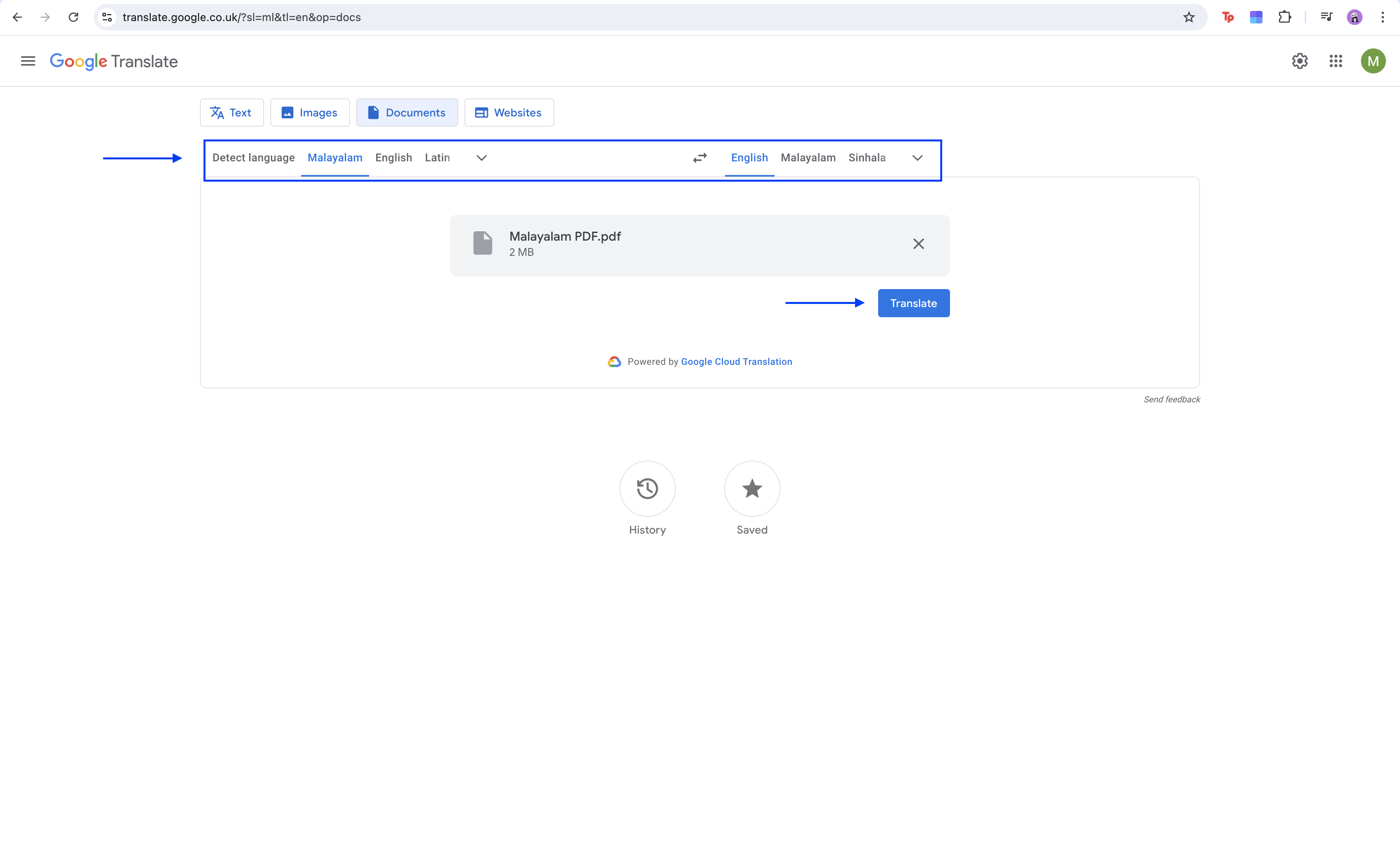 translate Malayalam pdf to English with google translate
