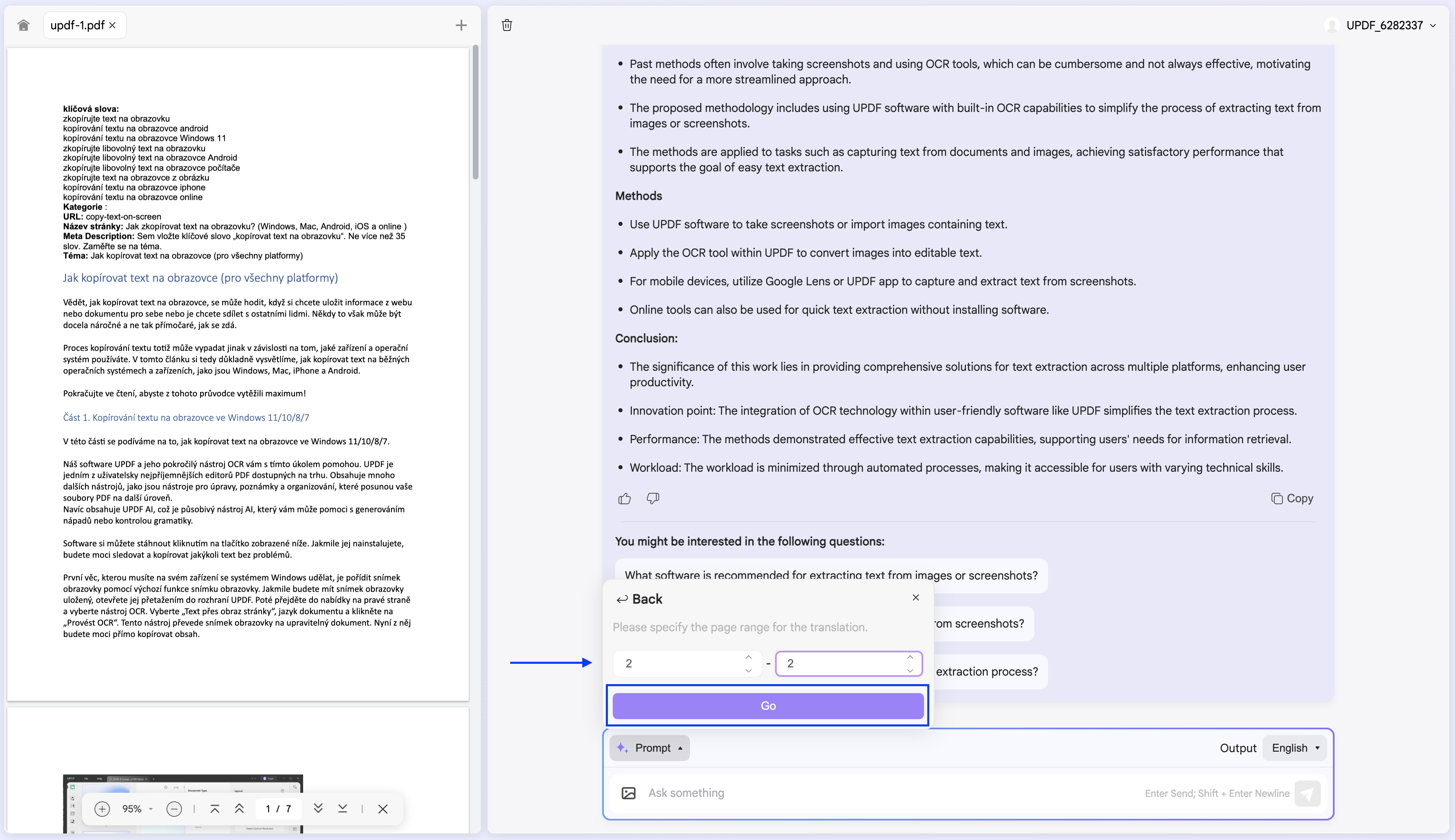 translate specific page in updf’s online ai assistant