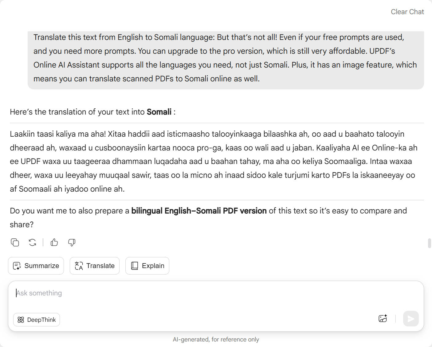 translate PDF to somali with updf online ai