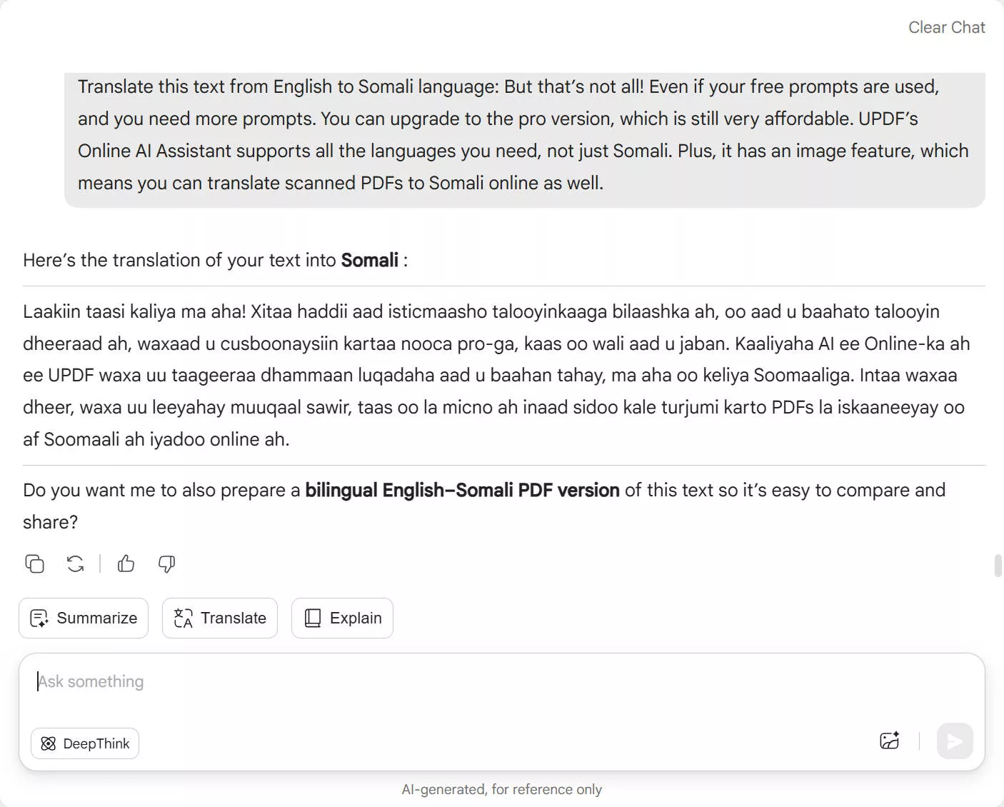 translate PDF to somali with updf online ai