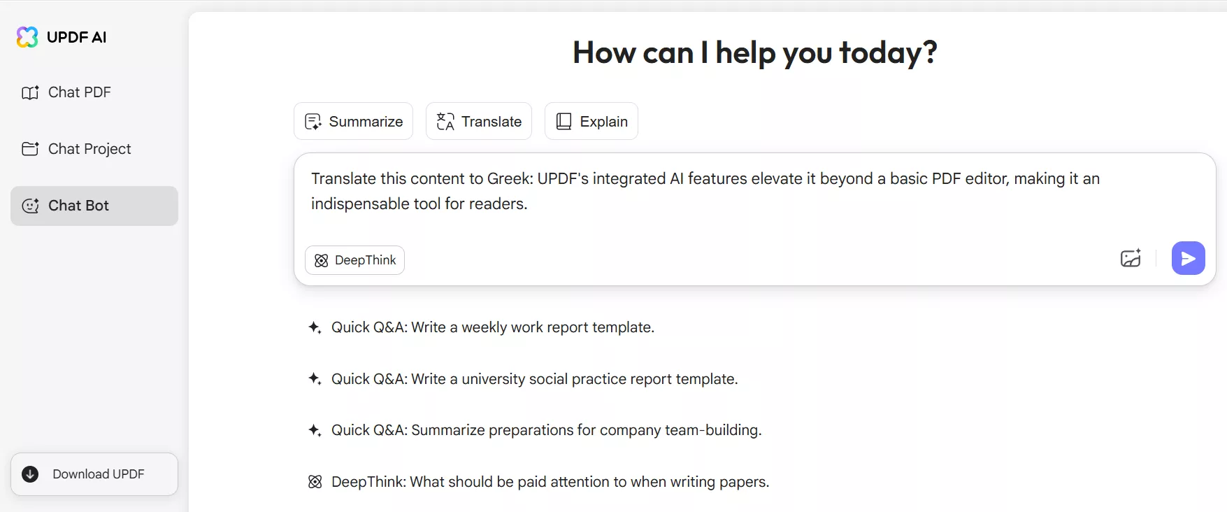 enter the prompt to translate English pdf to Greek with updf’s online ai