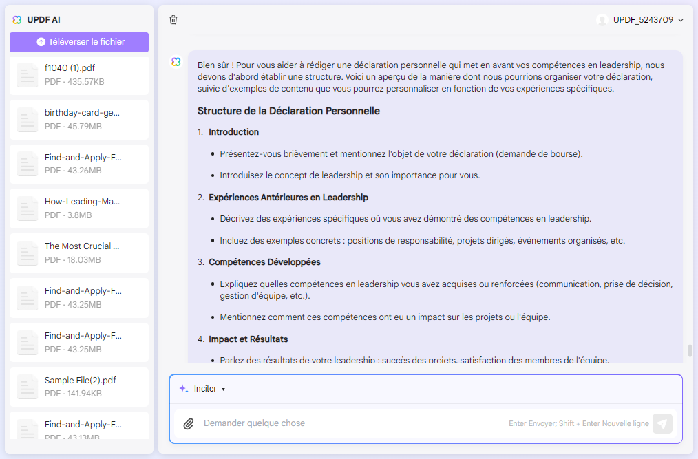 fournir des informations pertinentes à l'assistant IA en ligne de l'UPDF