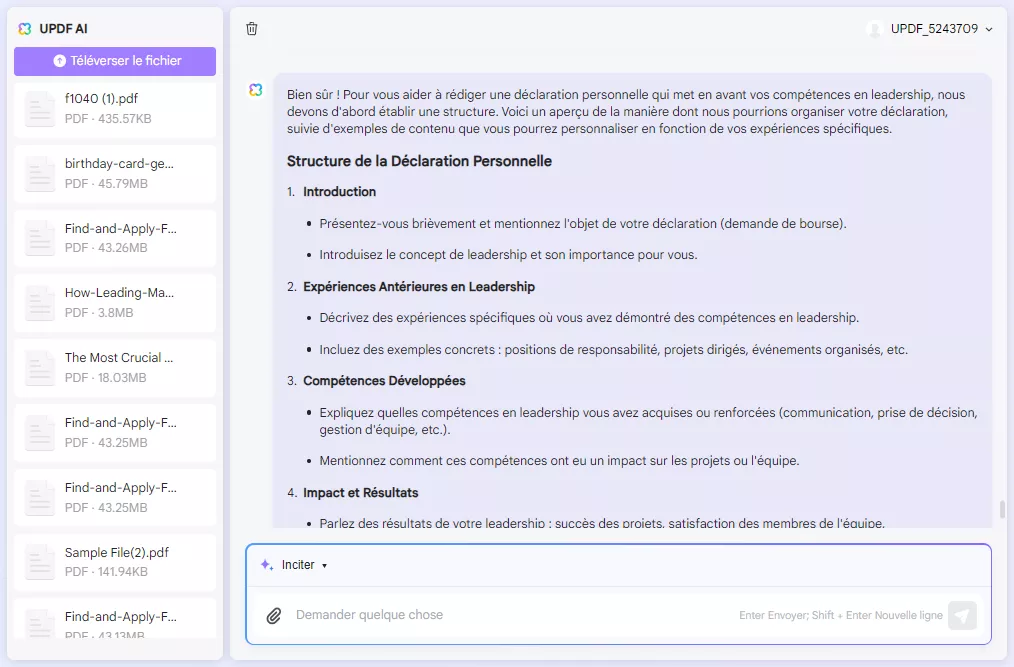 fournir des informations pertinentes à l'assistant IA en ligne de l'UPDF