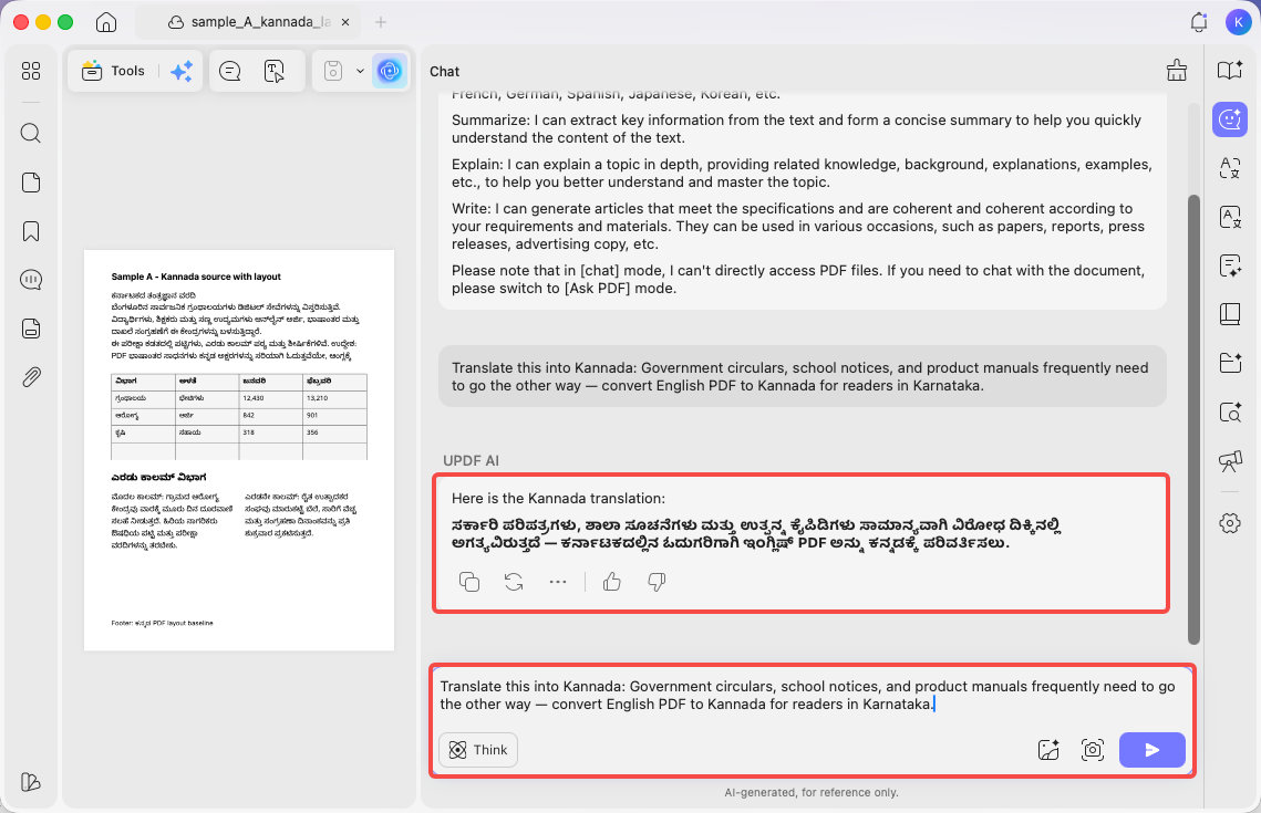 updf ai translate english to kannada