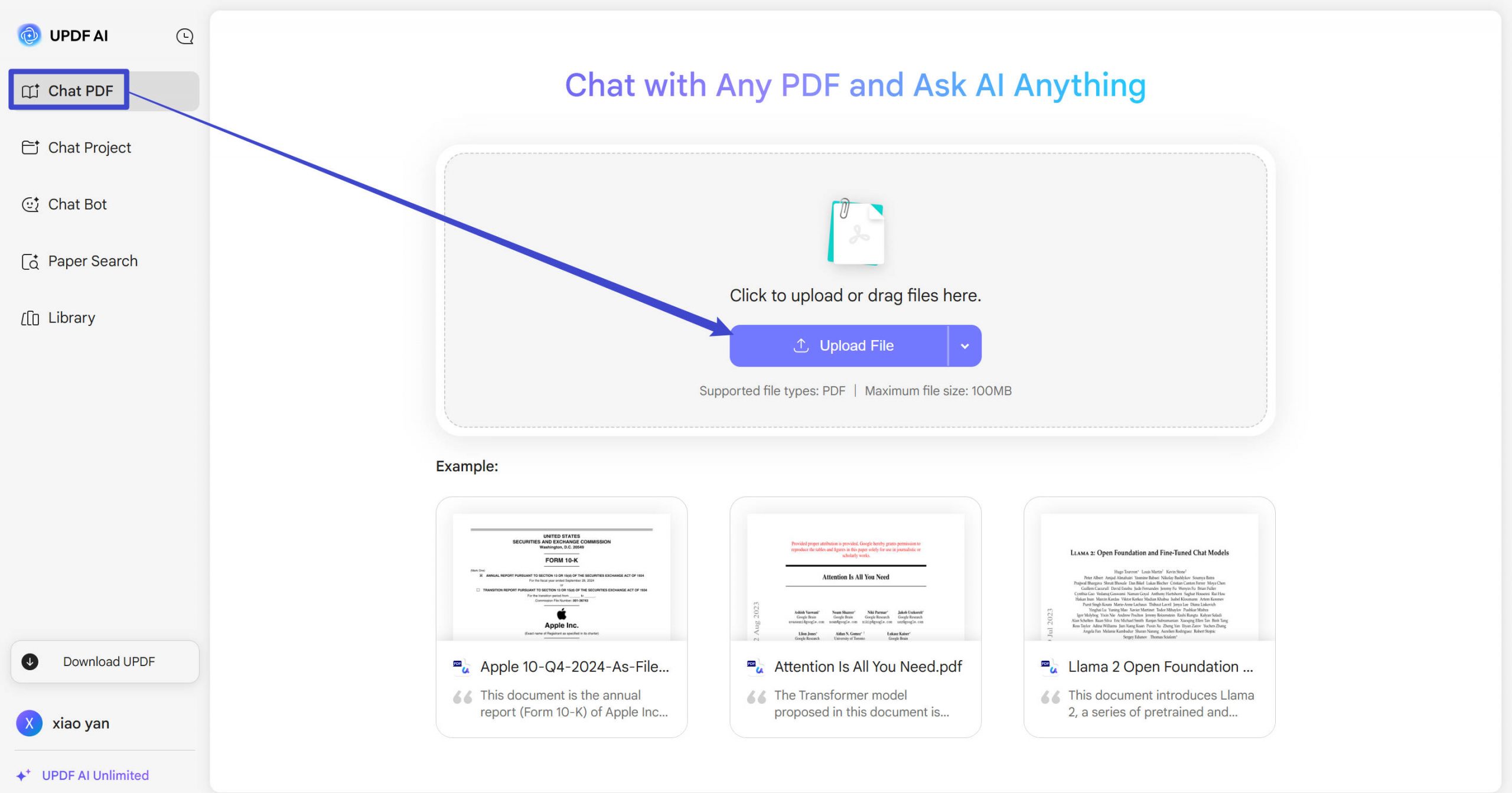 click the upload file button in updf ai