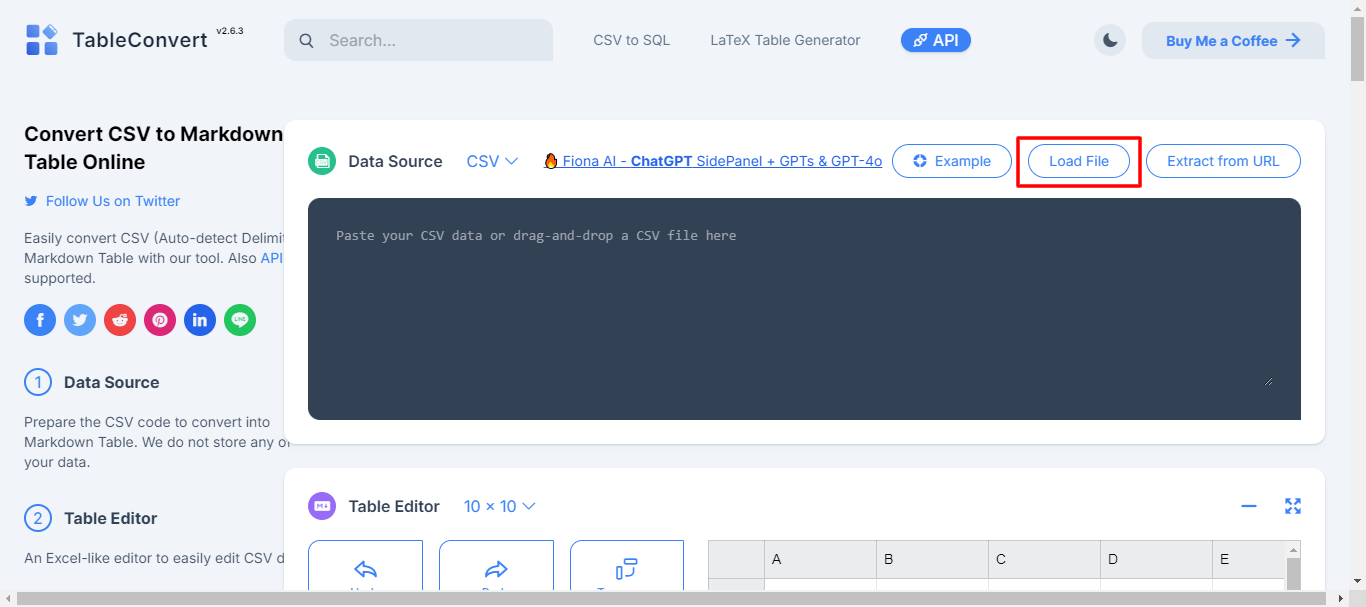 upload the csv file in Tableconvert