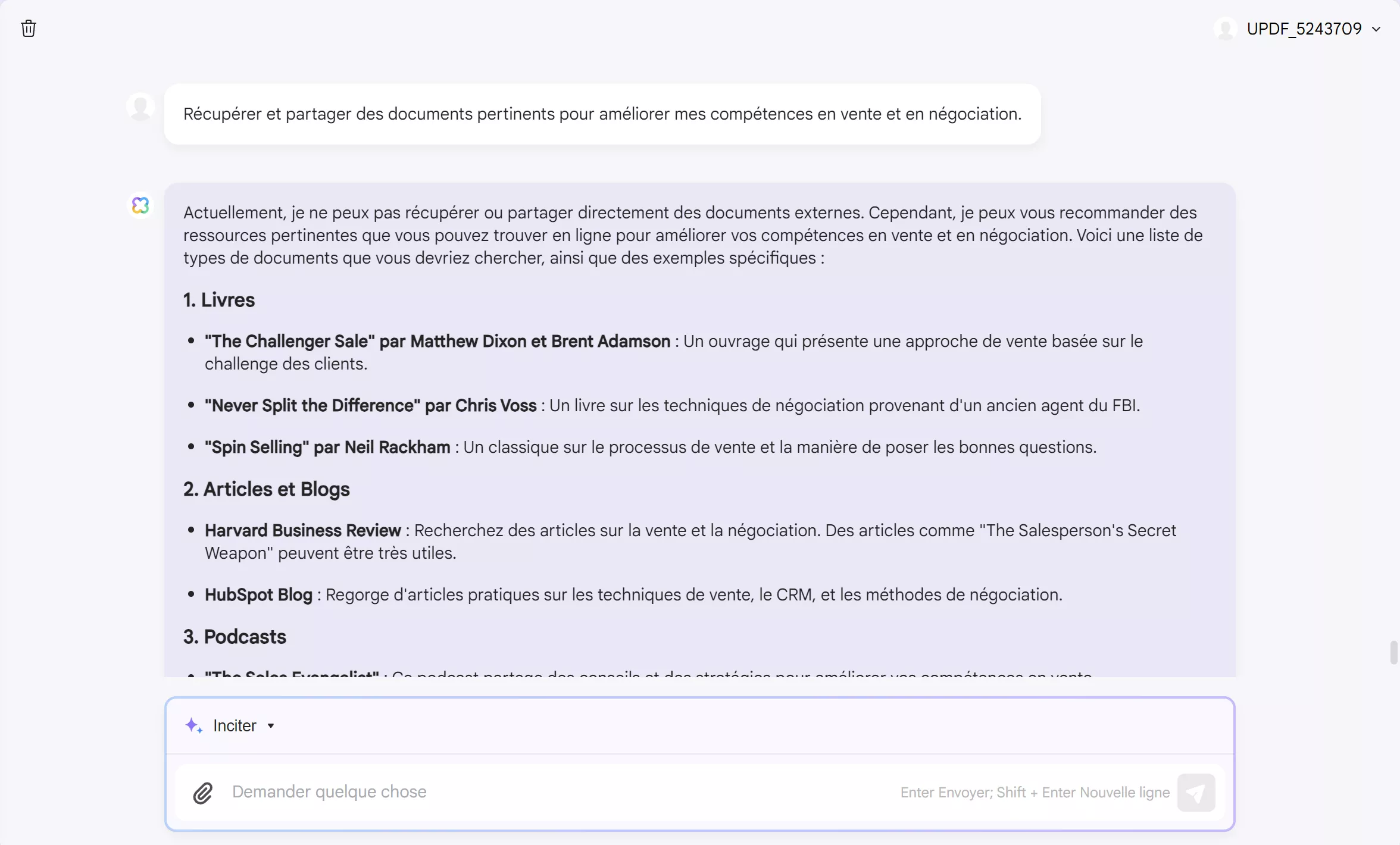 comment utiliser l'IA dans les ventes demandez à l'IA de l'UPDF de partager des documents pertinents.
